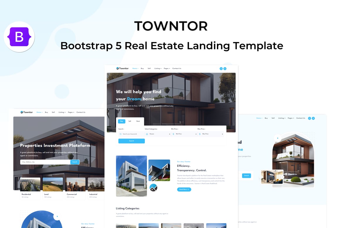 Шаблон лендинга Towntor для рынка недвижимости Bootstrap 5